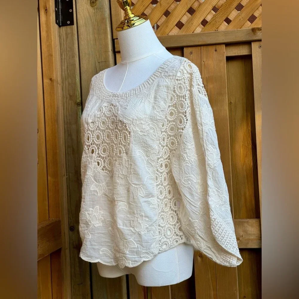 🆕 FARM Rio 🧿 NWOT Off White Crochet Long Sleeve Blouse